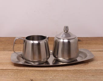 Vintage Oneida 18/8 Stainless Steel Creamer, Sugar Bowl with Lid with Tray