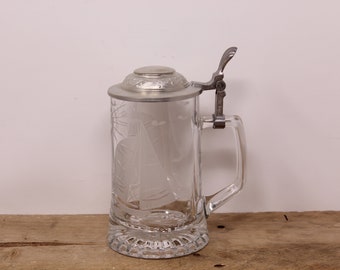 Etched Glass Tankard with Pewter Alwe Lid - Nautical Theme / Sailboats - West Germany