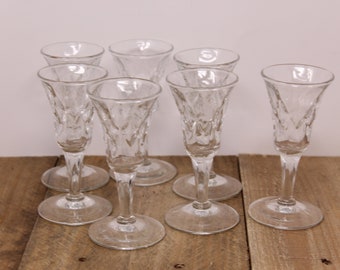 7 Heavy Pressed Glass - Faceted Stem - Sherry Glasses / Cordial Glasses