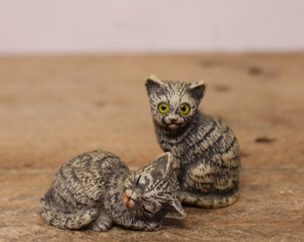 2 Vintage Small Resin Tabby Cat Figurines - One with Green Eyes