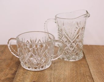 Vintage Prescut Clear Glass Creamer & Sugar Bowl - Flat Pineapple by Anchor Hocking