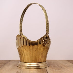 Vintage Solid Ornate Brass Basket / Planter with Grape Design Handle - India