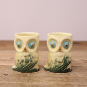 May include: A pair of cream-colored ceramic egg cups shaped like owls. Each owl features large, protruding light blue eyes with orange pupils, a small orange beak, and green painted feather details along the bottom edge of the body.