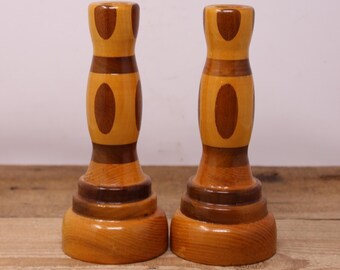 Vintage Set of Wood Turned Candlestick Holders / Taper Candle Holders