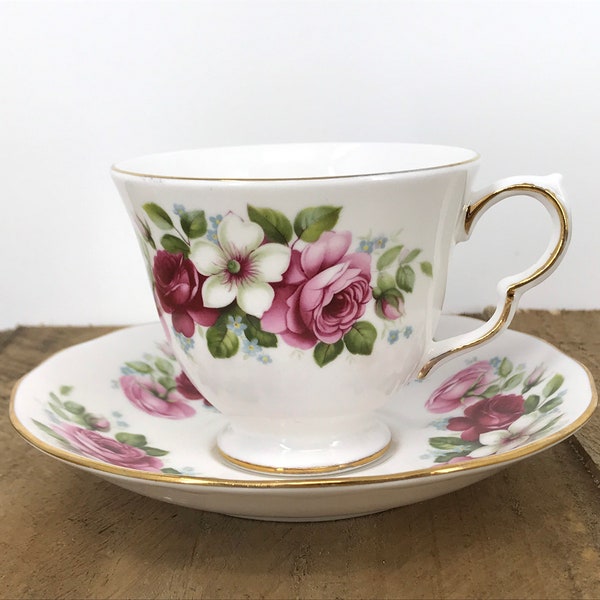 Queen Anne “Pink Roses and White Flower” Bone China Cup & Saucer