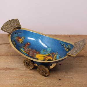 Vintage Blue Enameled Brass Fruit Bowl Cart - Made in Israel