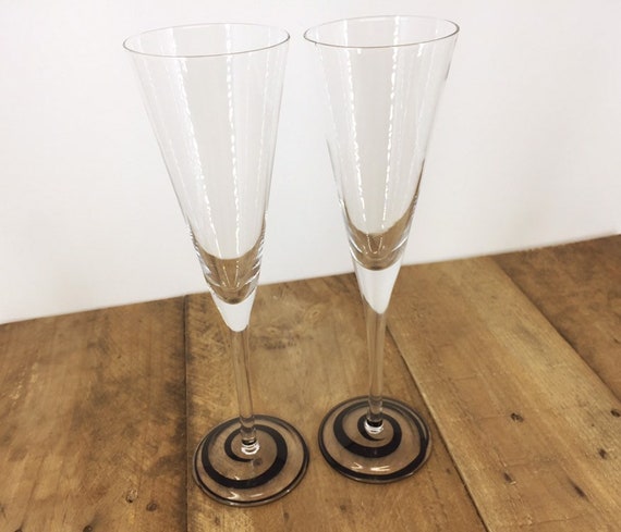 Set of Tall Champagne Flutes With Retro Black Swirl Base 