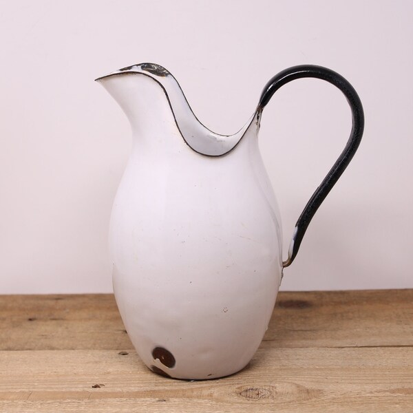 Vintage White Enamel Water Pitcher / Jug with Black Handle and Rim