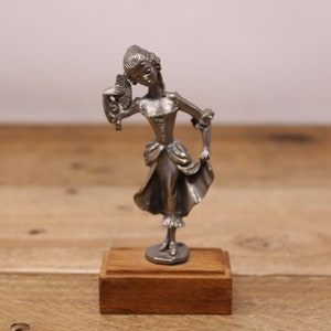 Vintage Pewter Masquerade Ball Dancer Figurine Mounted on Wooden Base
