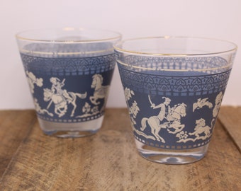 2 Vintage Blue and White  Low Ball Glasses - Medieval Scene