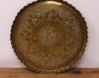 Vintage Large Round Brass Serving Tray with Scalloped Rim - 17" Brass Bar Tray
