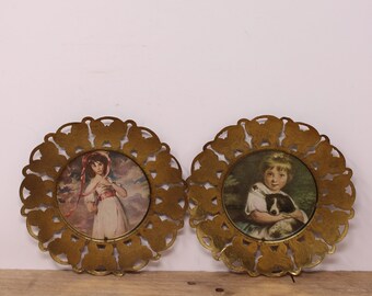 2 Small Vintage Brass Wall Plates - "Miss Bowles"  Portrait by Sir Joshua Reynolds & "Pinkie" by Sir Thomas Lawrence - Wall Decor Plates