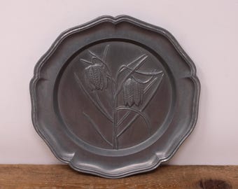 Vintage Pewter Wall Decor Plate 6.25" - Floral Design - Angel Touch Mark - Germany