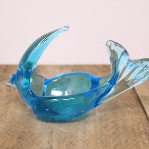 Vintage Hand Blown Blue Art Glass Fish - Trinket / Ring Dish