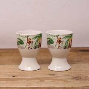 2 White Porcelain Egg Cup with Monkey in the Jungle Design