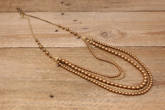 Vintage Bijoux Terner 4-Strand Gold Tone Chain / Gold Colored Beads Necklace