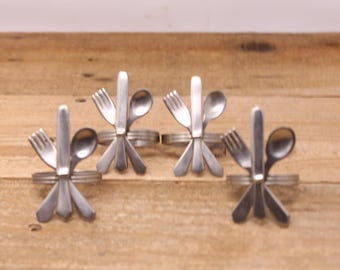 4 Silver Color Metal Fork, Knife and Spoon Napkin Rings