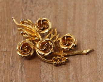 Vintage Gold Tone Rose Bunch Brooch / Pin