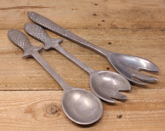 Vintage 3-Piece Fish Design - Aluminum Salad Serving Set / Serving Utensils