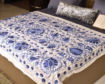 Indian Handmade Bedspread Throw Vintage Suzani Bed Cover Queen Size Bedsheet 