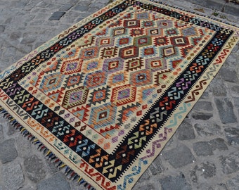 Vintage Kilim Rug, Kilim Rug, Wool Rug, Wool Kilim Carpet, Handmade Rug, Turkish Rug, Free Shipping 7.8 x 5.6 ft Wool Kilim, Kilim Turkish,