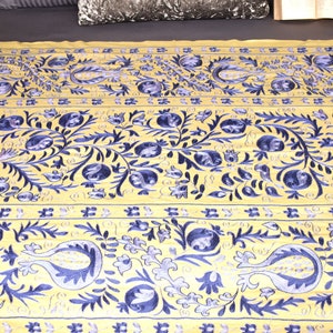 handmade blue blanket, suzani bedding 6.7 x 4.5 ft. suzani throw, handmade silk embroidery, table cloth, home decor, suzani art