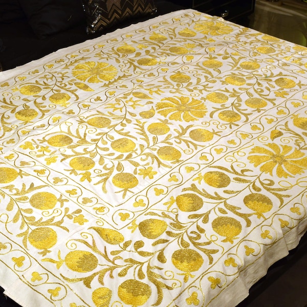 Bedspread, Bed cover, Suzani bedding, asian suzani bedspread 6.3 x 4.6 ft.  yellow throw, silk embroidery blanket, sofa cover throw