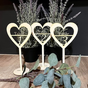 Wedding table numbers in boho, rustic style, plywood number in hearts