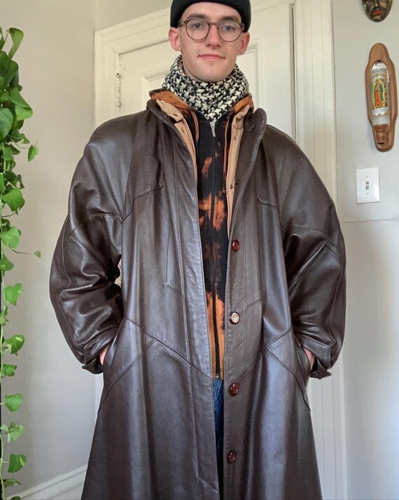 vintage 80s chocolate brown patchwork leather tren