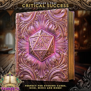 May include: An ornate purple and gold book with a twenty-sided die on the cover. The book has gold-edged pages and the text "CRITICAL SUCCESS" is at the top. Designed for storing cards, dice, and minis.