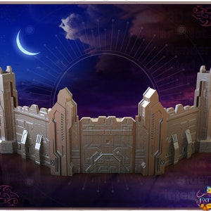 May include: A 3D printed model of a futuristic wall with a large gate in the center. The wall is made of a light brown material and has a textured surface. The gate is made of a darker brown material and has a more intricate design. The wall is set against a dark purple background with a crescent moon in the sky.