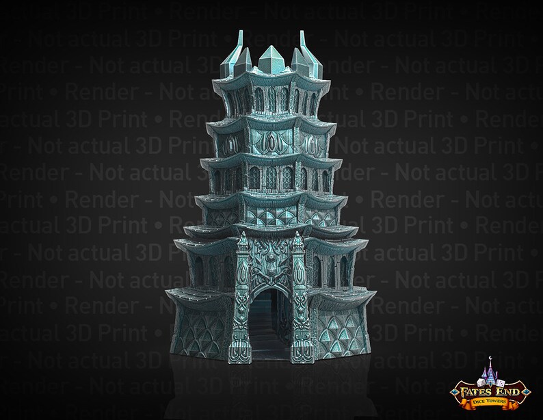 May include: A teal blue, multi-tiered pagoda-style building with a detailed, intricate design. The building has a pointed roof and a large, arched entrance. The building is a 3D printed model.