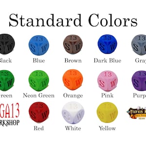 May include: A set of 13-sided dice in various colors, including black, blue, brown, dark blue, gray, green, neon green, orange, pink, purple, red, white, and yellow. The dice are all marked with the letters "SW" and the number "13".