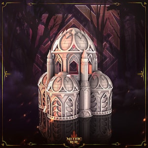 May include: A white, detailed, 3D printed miniature of a gothic style building with a domed roof. The building is set against a dark, blurry background of trees and a purple and red sky. The text "MYTHIC ROLL" is visible at the bottom of the image.