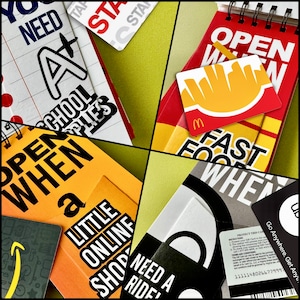 May include: A collage of images featuring various gift cards and motivational phrases. The images include a gift card for fast food, a gift card for online shopping, a gift card for a ride-sharing service, and a motivational card with the phrase "Open When You Need A Little Online Shopping".