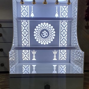 White Handcrafted Wooden LED Lights Temple For Home | Hindu Shrine | Temple For Living Room |  Wall Hanging And Table Top Mandir