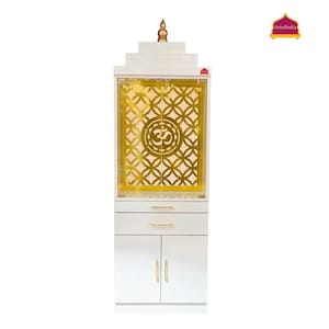 Hölzerner Designer-Mandir mit Glastüren / Mandir mit Pooja-Schränken Und Aufbewahrung / Holzstempel mit LED-Lichtern / Pooja-Regal