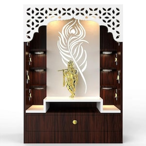 Wooden White Brown Temple with LED Light for Home and Office|Home Temple|Puja Mandir|Wall Hanging & Table Top Home Mandir