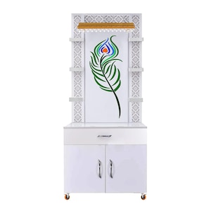 Large Wooden Temple With LED Lights For Home And Office / Mandir With Pooja Drawer Storage And Cabinets / White Standing Temple