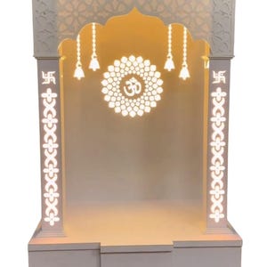 LED ライト付きホワイト木製寺院 家庭およびオフィス用マンディール | プージャ マンディール デコレーション | 木製プージャ ガール | ヒンズー教寺院 | オフィスおよび壁掛け