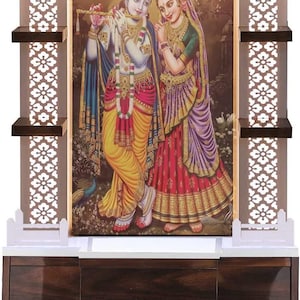 Schöner Brauner Holzstempel mit LED-Licht Home & Office Mandir | Radha Krishna Panel Design | Gebetsraum Dekor | Mandir mit 2 Schubladen