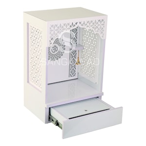 Hölzerner Designer-Tempel für Zuhause / LED-Mandir für Zuhause / Tischplatten- und Wandbehang-Mandir / Designer Modern Mandir / Weißer Holzstempel