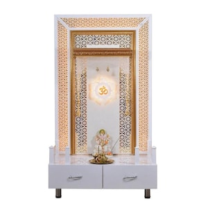 Beautifully Illuminated Wooden Temple with 2 Drawers | Wall Mount or Keep it on a Stand | Customized Wooden Cabinet Mandir