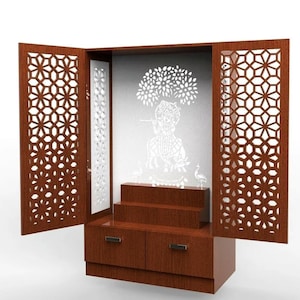 Mandir aus Holz mit Türen | Weiß / Brauner Tempel für Zuhause & Büro mit LED-Leuchten / Kundenspezifische Puja Mandir für Gebetsraum | Kommode Mandir