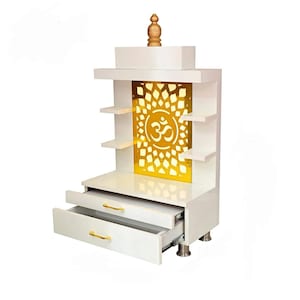Weißer Designer Mandir aus Holz für Haus und Büro / Mandir mit Schränken und Aufbewahrung / Wandbehang und Tischplatte / Mandir mit LED-Lichtern