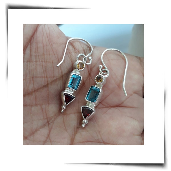 Multi Stones Silver Earring with Citrine, Blue topaz, and Garnet, Handmade Silver Ring from Bali