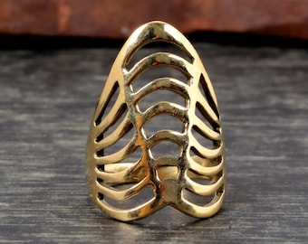 Gold Rib Cage Statement Ring, Openwork Anatomical Band