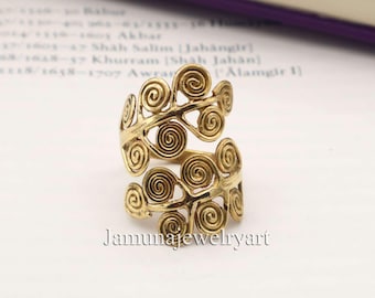 14K Gold Swirl Ring, Handmade Brass Spiral Jewelry