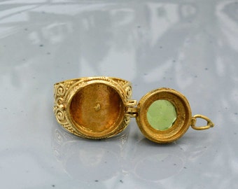Peridot Poison Ring , Secret Compartment , Medieval Box , Brass Box , Historical Ring , Pillbox Jewelry , Poisoner Ring , 18K Gold Filled