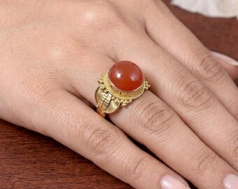 Vintage Carnelian Ring, 14K Gold Plated Brass, Antique Filigree Statement Ring